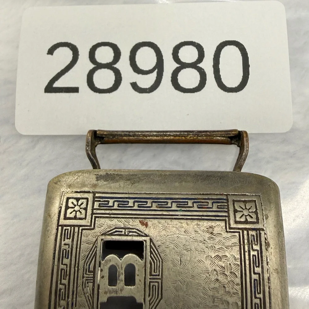 Vintage Giant Grip Belt Buckle Silver Front Art Deco B Greek Key Mens 1.5